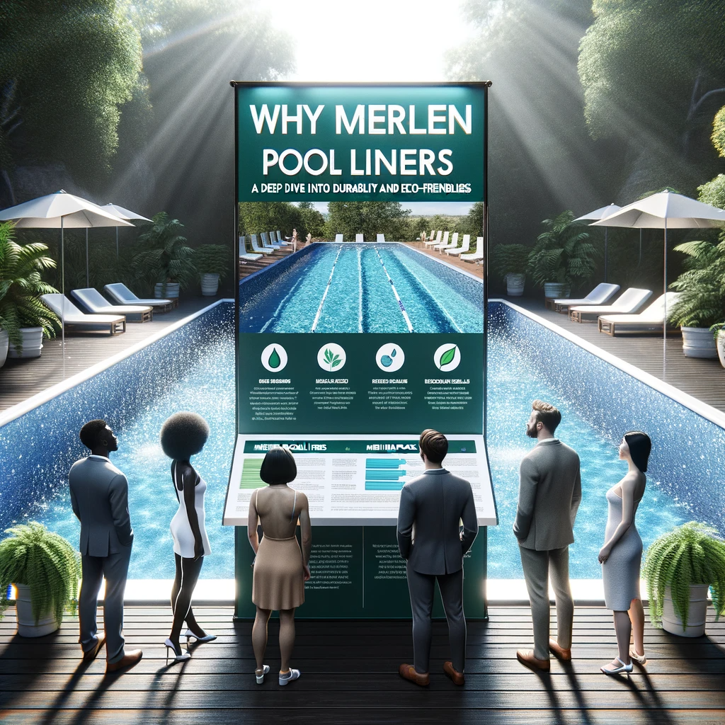 People studying a "Why Merlin Pool Liners" billboard beside a luxurious pool.